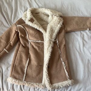 Urban Outfitters Tan Pea Coat with Cream fur Accents